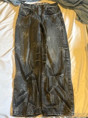 Ambush Black Wide-Leg Jeans with Allover Monogram Print
